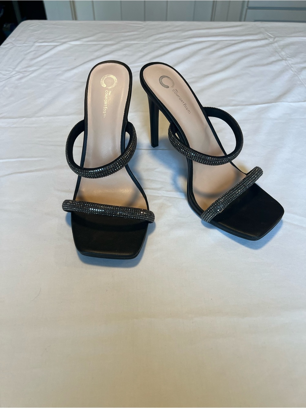 Tru Comfort Foam Black Rhinestone Double-Strap High Heel Sandals Sz 10
